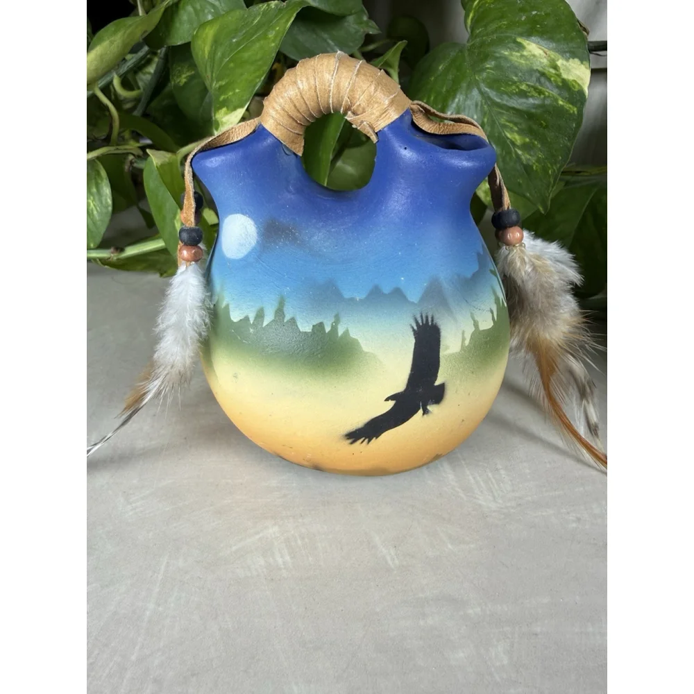 Hand Painted Vtg Native American Ceramic Wedding Vase Blue Bird Flying Feathers